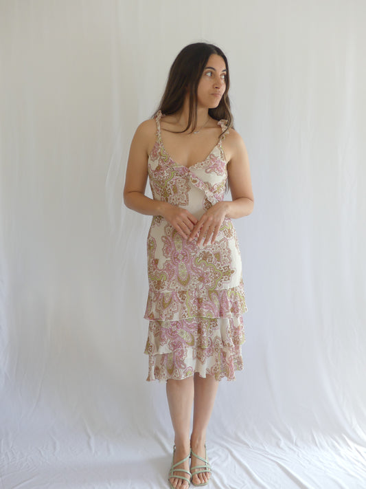 Caroll Carrie dress, summer ruffle dress, vintage beige midi dress, pink and green paisley print, boho romantic sundress, tiered feminine dress, elegant French style dress, garden party outfit, available on La Vague Vintage