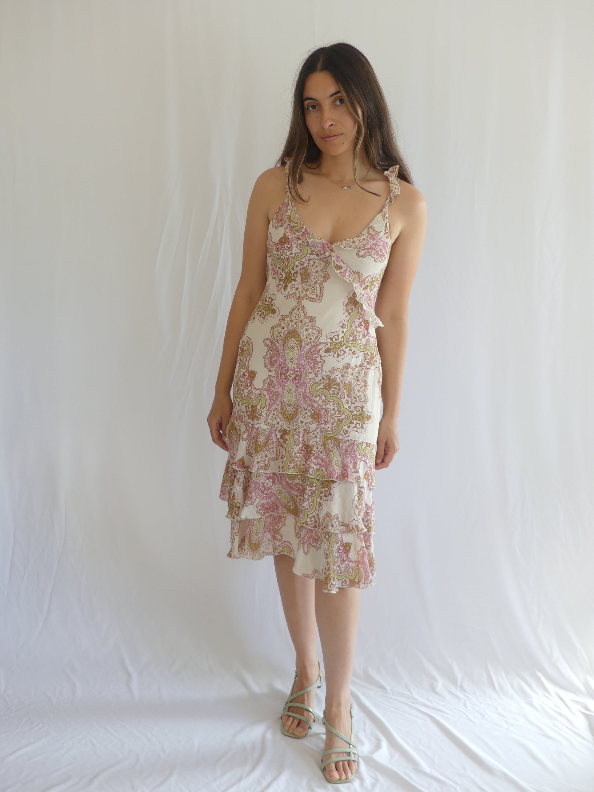 Caroll Carrie dress, summer ruffle dress, vintage beige midi dress, pink and green paisley print, boho romantic sundress, tiered feminine dress, elegant French style dress, garden party outfit, available on La Vague Vintage