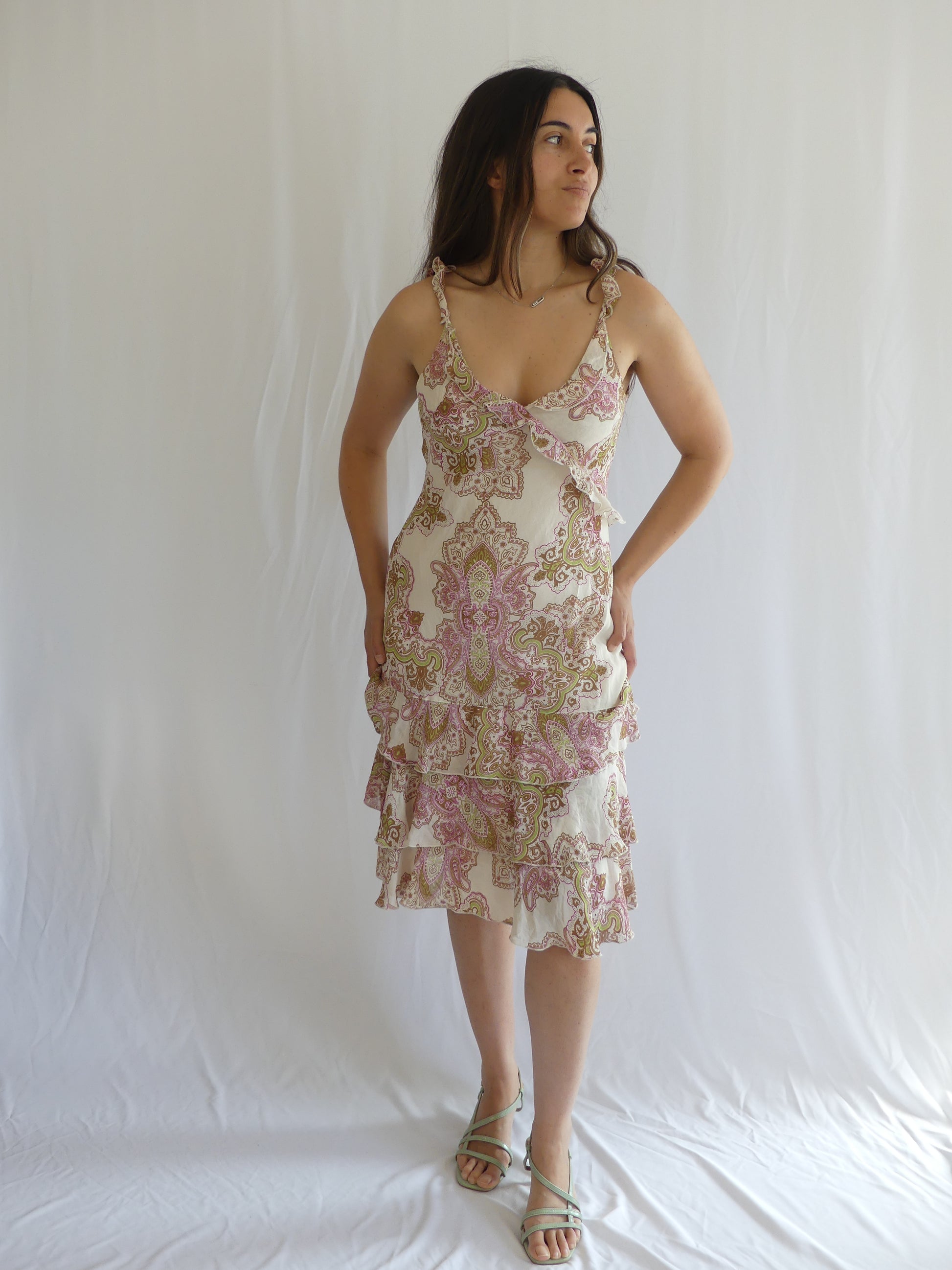 Caroll Carrie dress, summer ruffle dress, vintage beige midi dress, pink and green paisley print, boho romantic sundress, tiered feminine dress, elegant French style dress, garden party outfit, available on La Vague Vintage