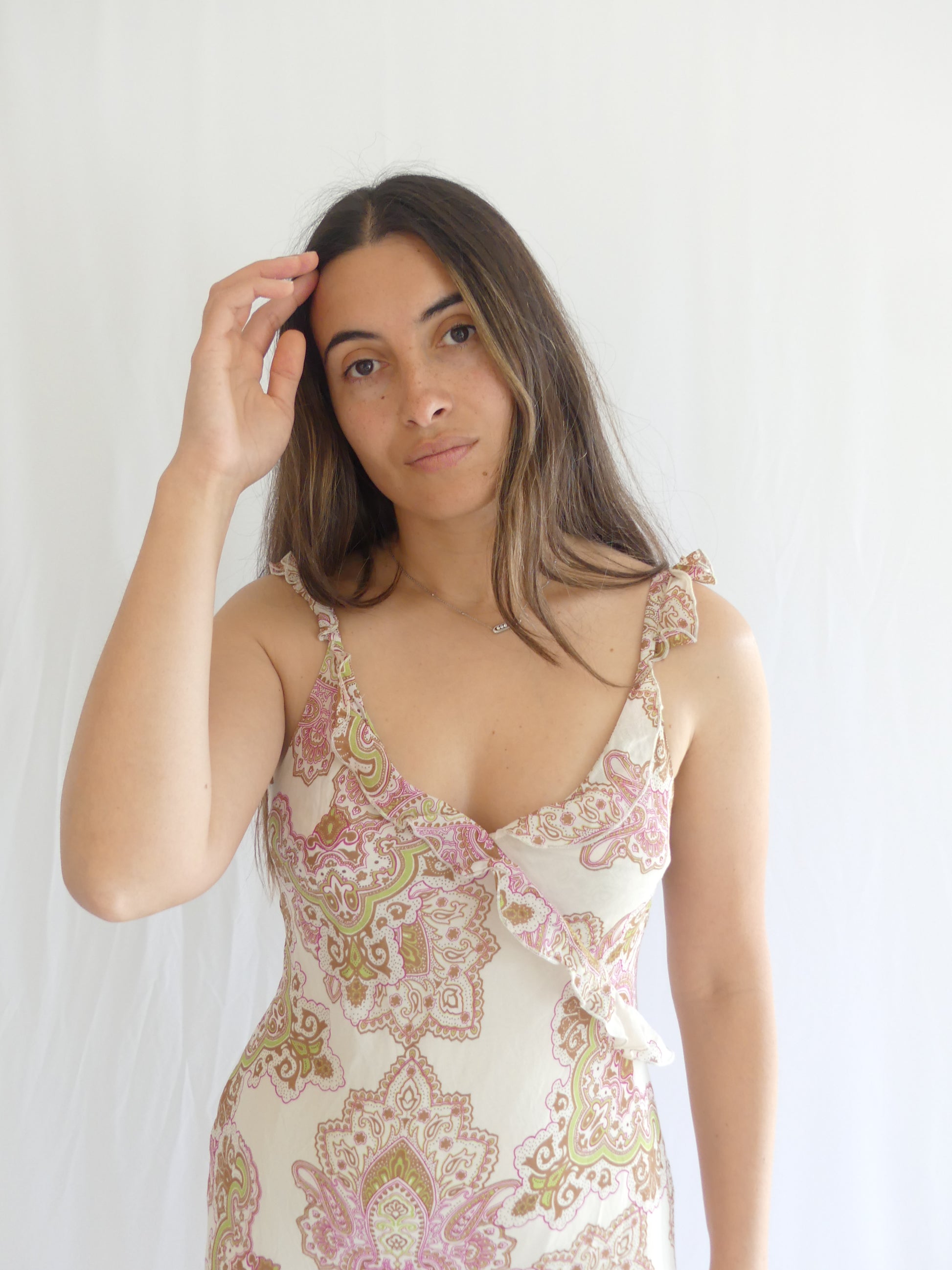 Caroll Carrie dress, summer ruffle dress, vintage beige midi dress, pink and green paisley print, boho romantic sundress, tiered feminine dress, elegant French style dress, garden party outfit, available on La Vague Vintage