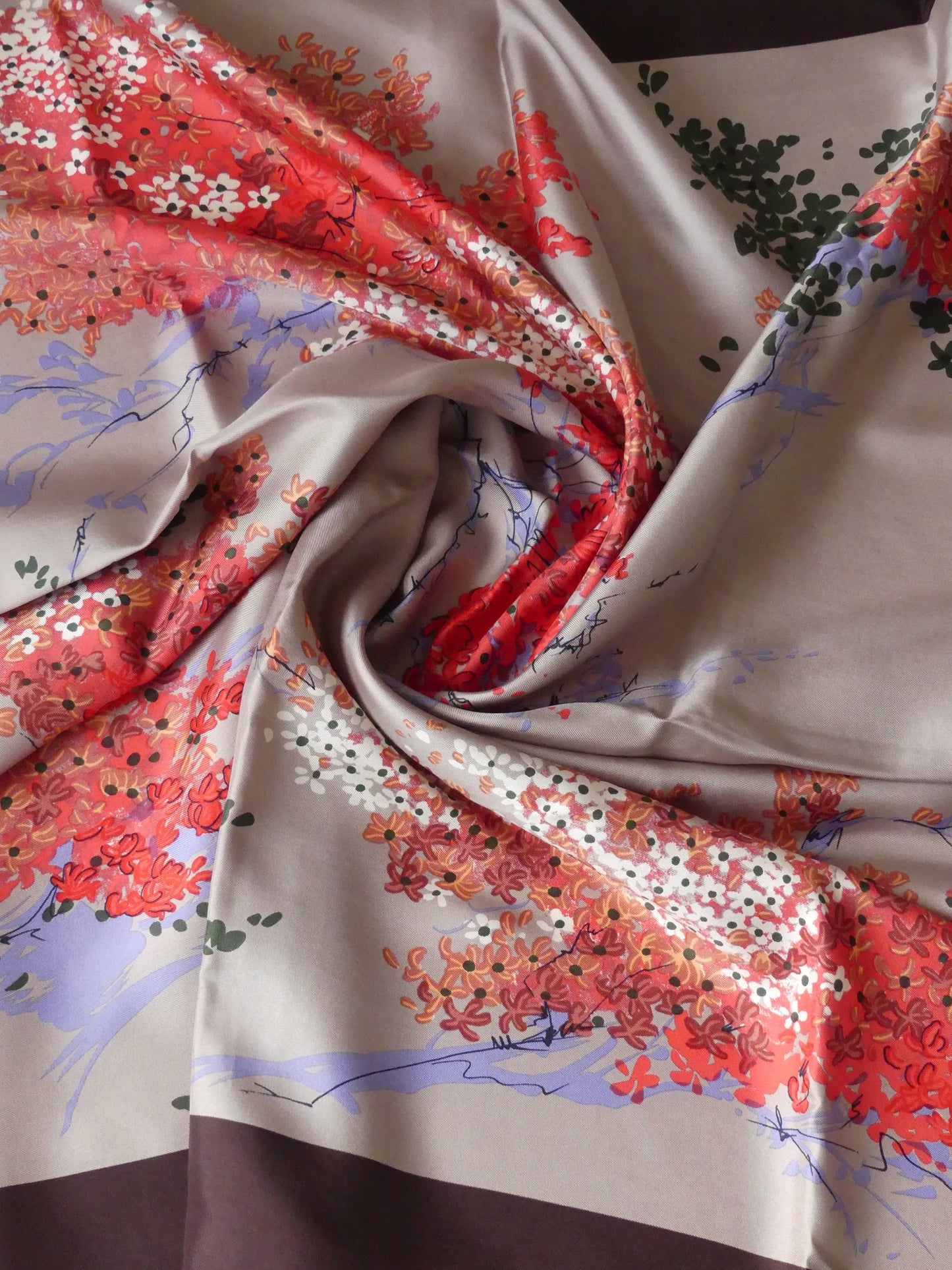 Shop the Pierre Charrier Sakura Blossom Silk Carré, featuring delicate sakura flowers and a refined brown border. A luxurious accessory that adds timeless elegance to your wardrobe. Perfect for any occasion. Shop now on La Vague Vintage 