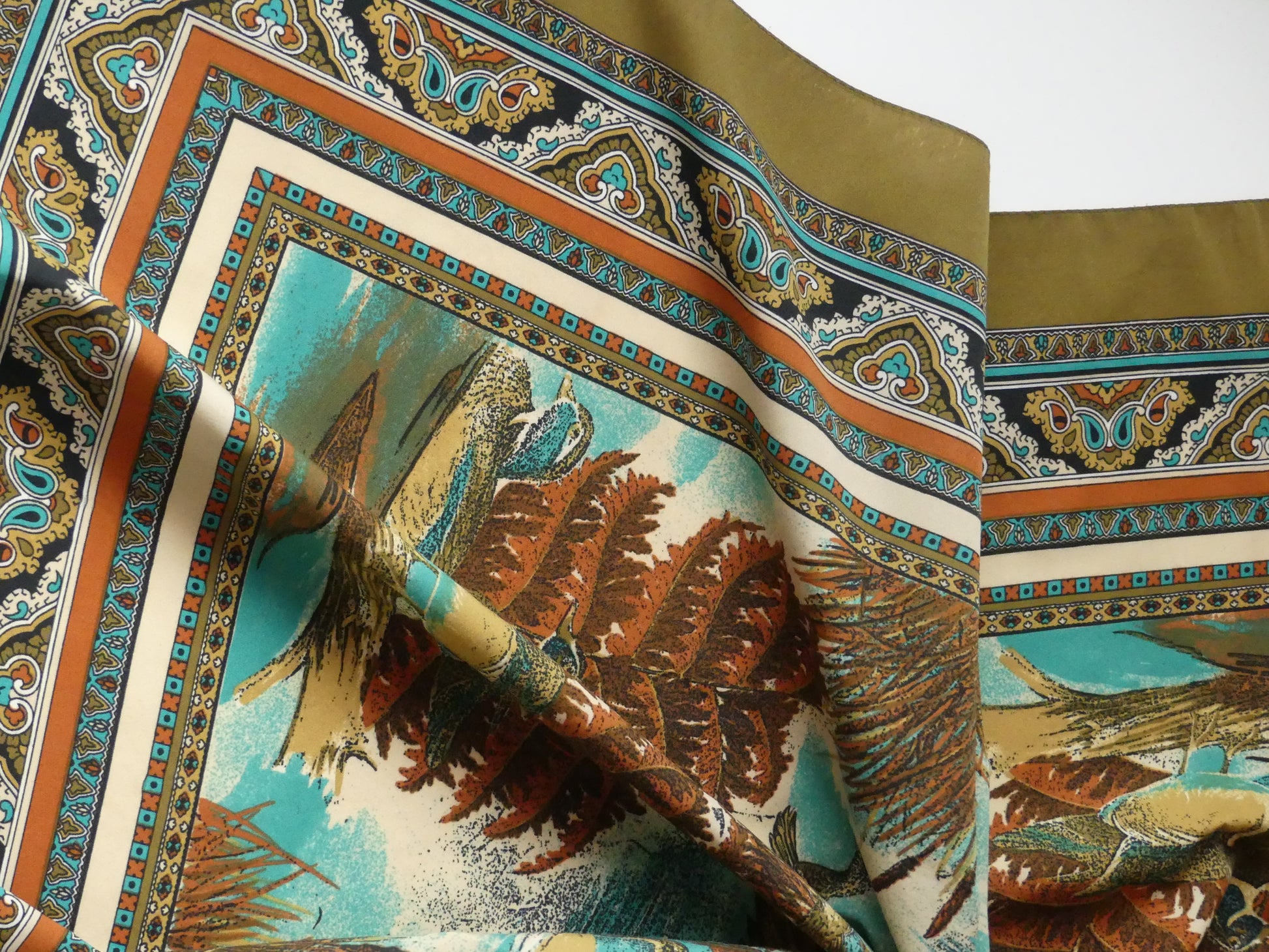 Jacques Esterel Countryside Elegance Scarf featuring vintage-inspired duck and foliage design, perfect for adding classic sophistication to your wardrobe. Available now at La Vague Vintage.