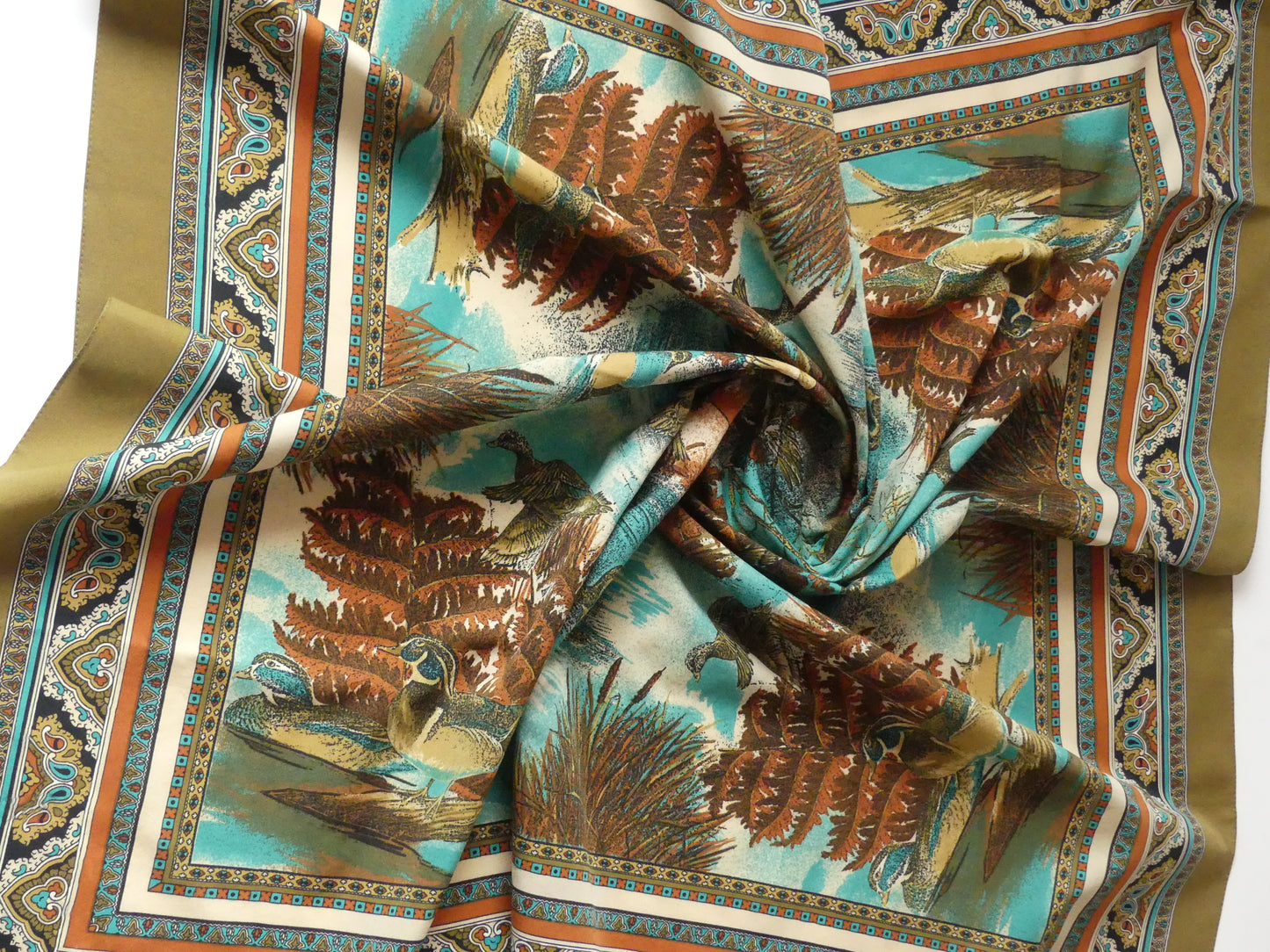 Jacques Esterel Countryside Elegance Scarf featuring vintage-inspired duck and foliage design, perfect for adding classic sophistication to your wardrobe. Available now at La Vague Vintage.