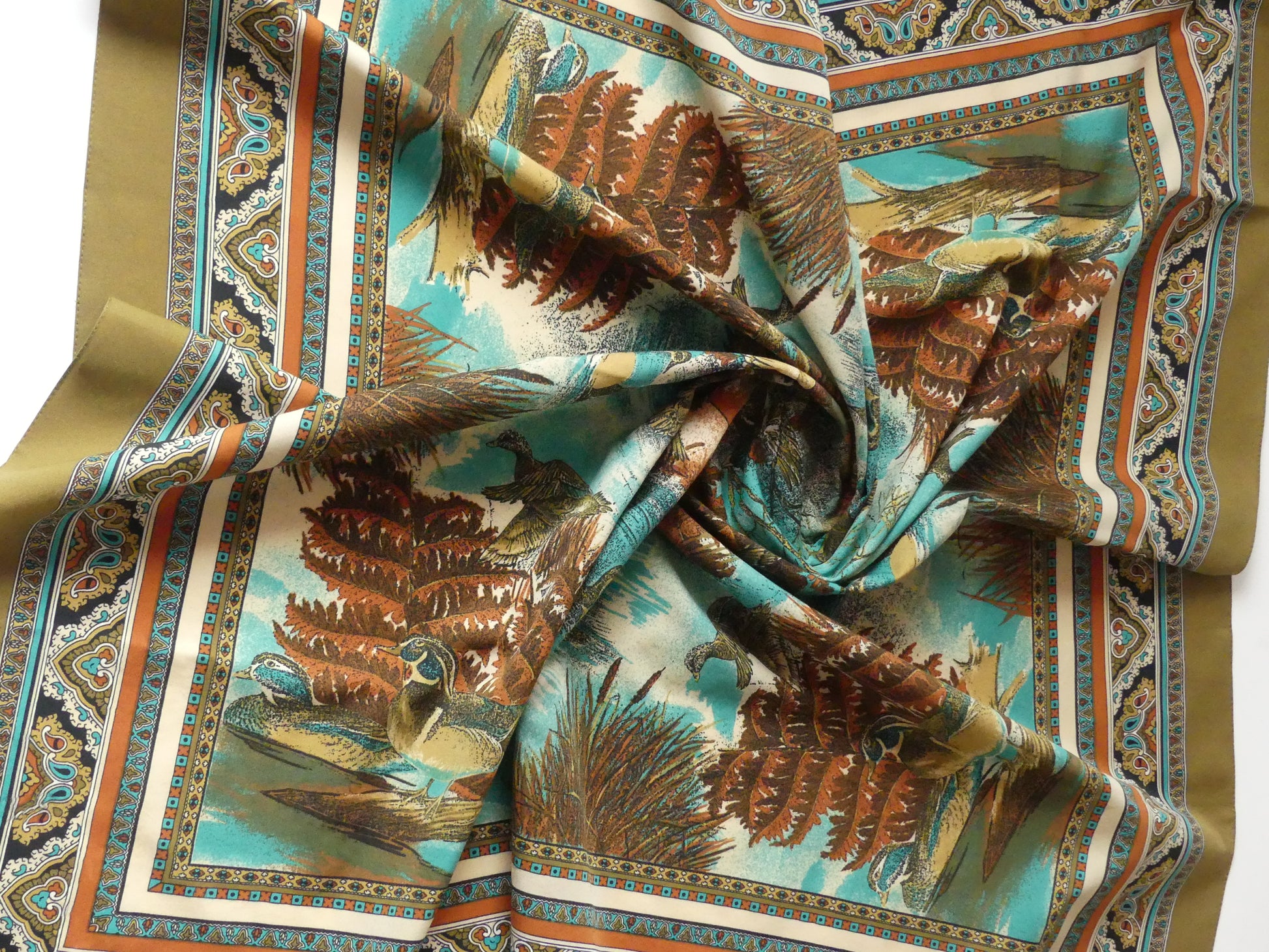 Jacques Esterel Countryside Elegance Scarf featuring vintage-inspired duck and foliage design, perfect for adding classic sophistication to your wardrobe. Available now at La Vague Vintage.