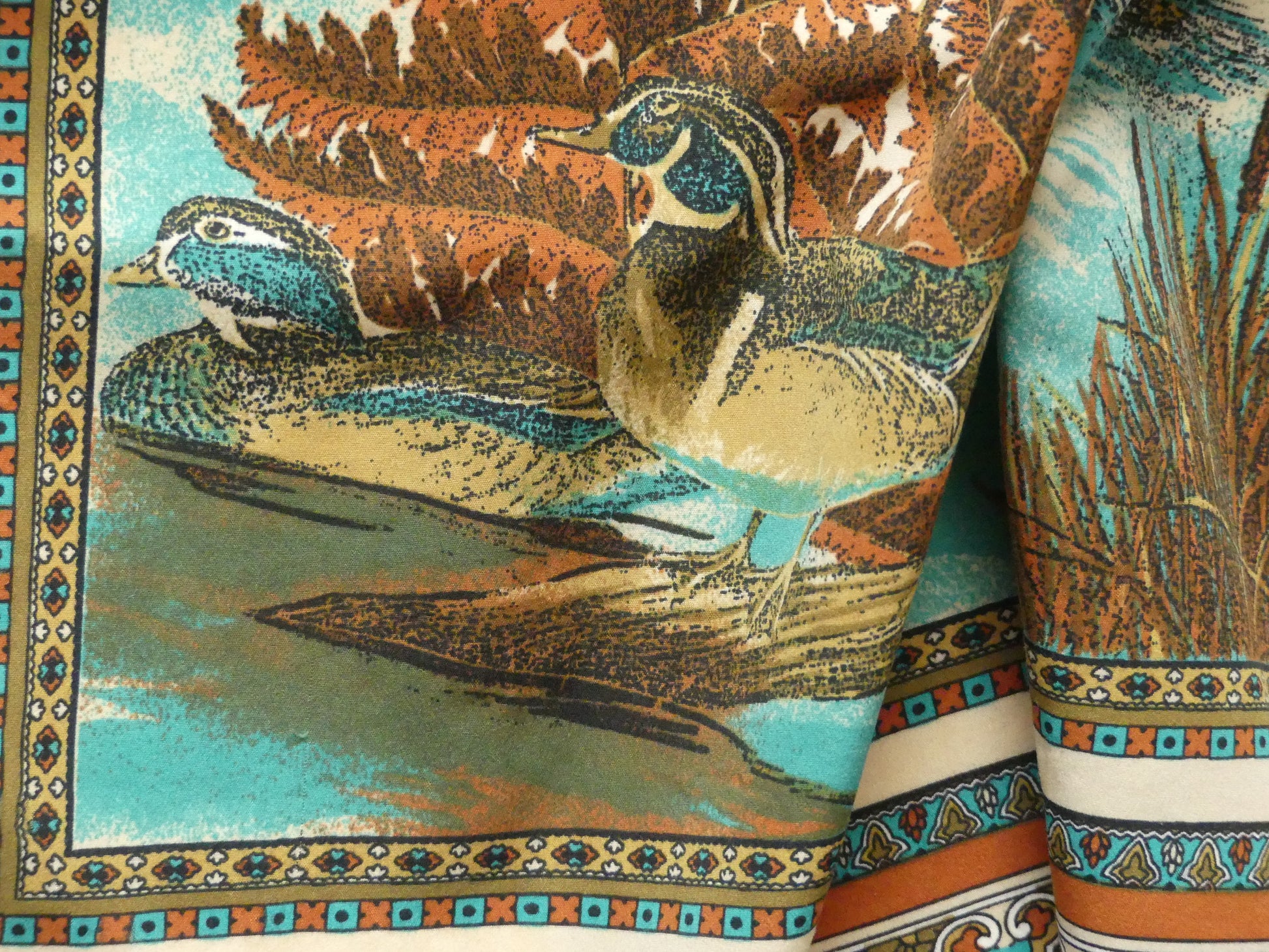 Jacques Esterel Countryside Elegance Scarf featuring vintage-inspired duck and foliage design, perfect for adding classic sophistication to your wardrobe. Available now at La Vague Vintage.