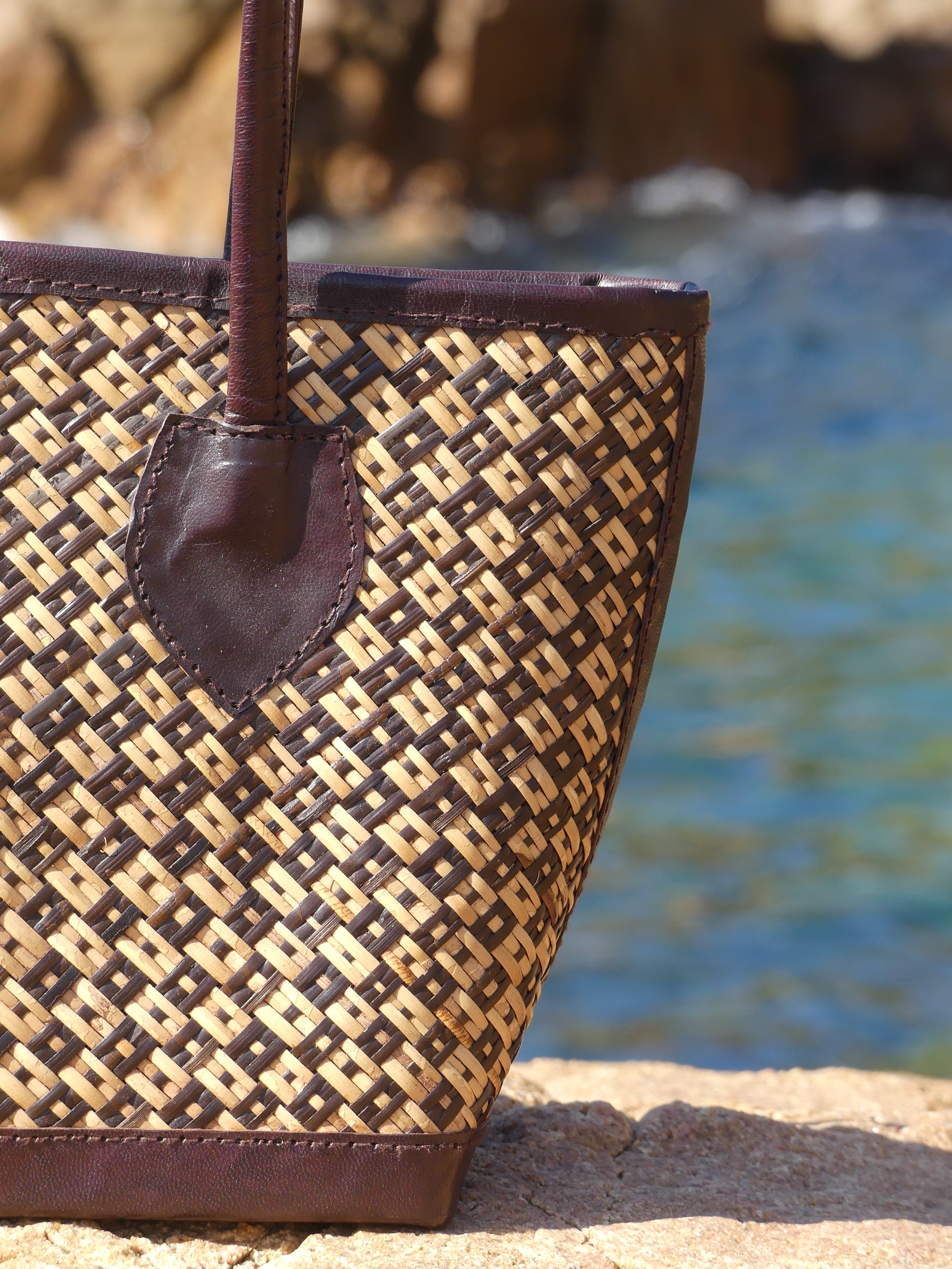 raffia tote bag, spring summer handbag, natural raffia bag, leather trim tote, boho chic bag, timeless bag, handmade bag, Cabas Java, La Vague Vintage